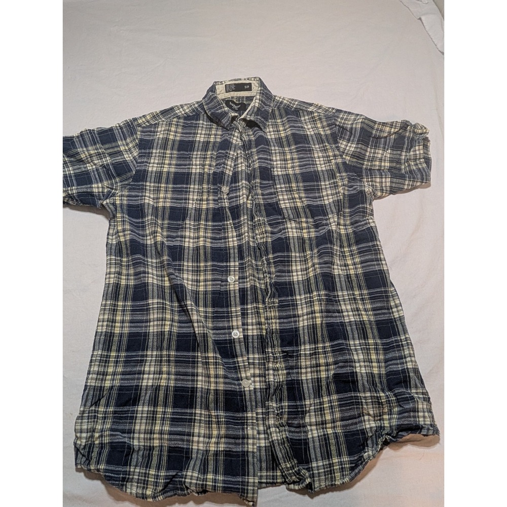 Haggar Mens Small Short Sleeve Plaid Button Down Shirt Navy Blue Yellow Cotton